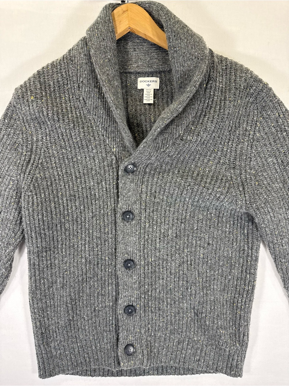 Dockers Men's Gray Shawl-Collar Ribbed Button Cardigan
